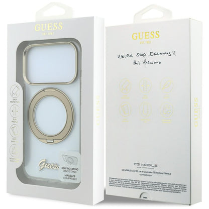 MagSafe-hoes voor Apple iPhone 18 Pro, Guess, Ring Stand Script Metaallogo, Transparant