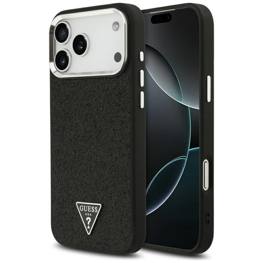 MagSafe-hoesje voor Apple iPhone 18 Pro Max / 17 Pro Max, Guess, Glitter Driehoek Logo, Zwart