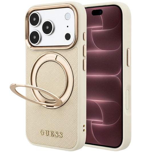 MagSafe-hoes voor Apple iPhone 18 Pro Max / 17 Pro Max, Guess, Grained Ring Stand 360 Classic, Beige