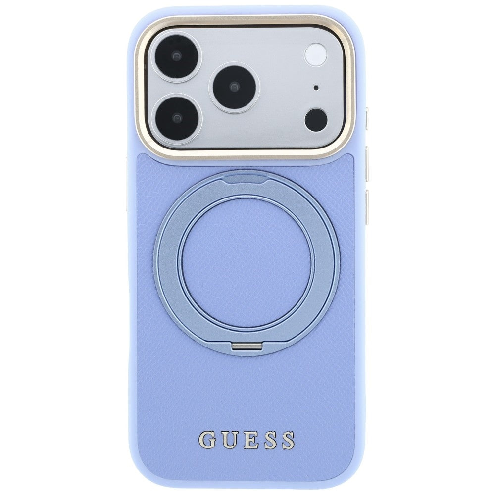 MagSafe-hoesje voor Apple iPhone 18 Pro Max / 17 Pro Max, Guess, Grained Ring Stand 360 Classic, blauw