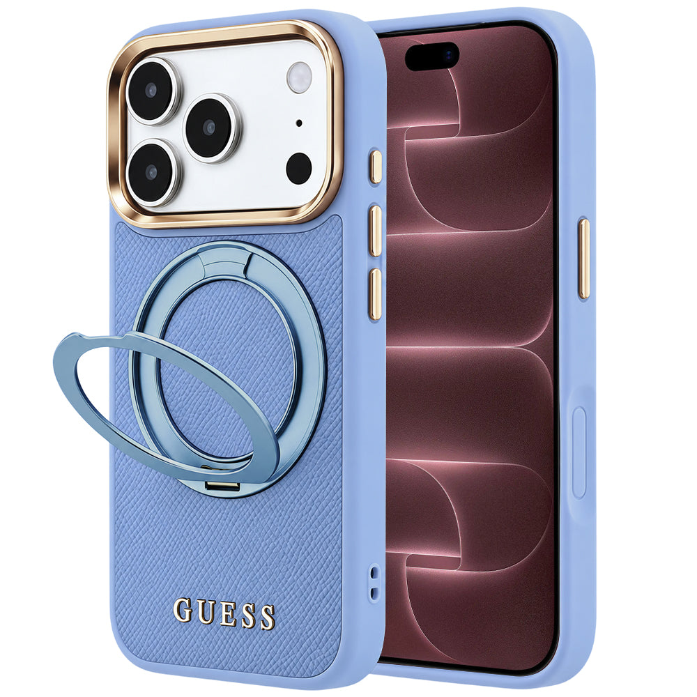 MagSafe-hoesje voor Apple iPhone 18 Pro Max / 17 Pro Max, Guess, Grained Ring Stand 360 Classic, blauw