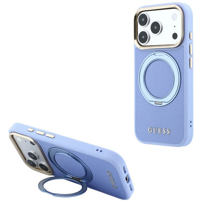 MagSafe-hoesje voor Apple iPhone 18 Pro Max / 17 Pro Max, Guess, Grained Ring Stand 360 Classic, blauw