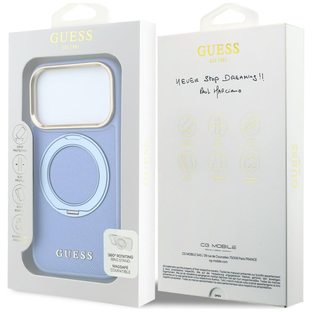 MagSafe-hoesje voor Apple iPhone 18 Pro Max / 17 Pro Max, Guess, Grained Ring Stand 360 Classic, blauw