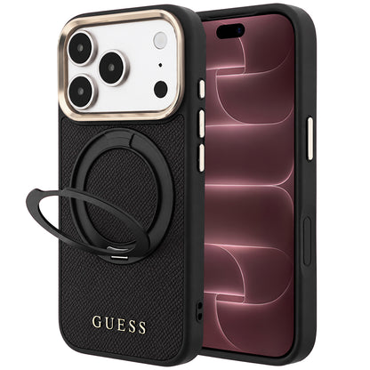 MagSafe-hoesje voor Apple iPhone 18 Pro Max / 17 Pro Max, Guess, Grained Ring Stand 360 Classic, zwart
