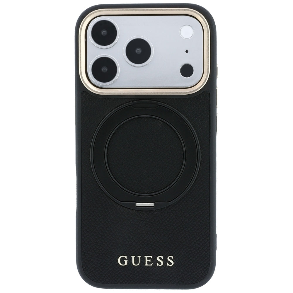 MagSafe-hoesje voor Apple iPhone 18 Pro Max / 17 Pro Max, Guess, Grained Ring Stand 360 Classic, zwart