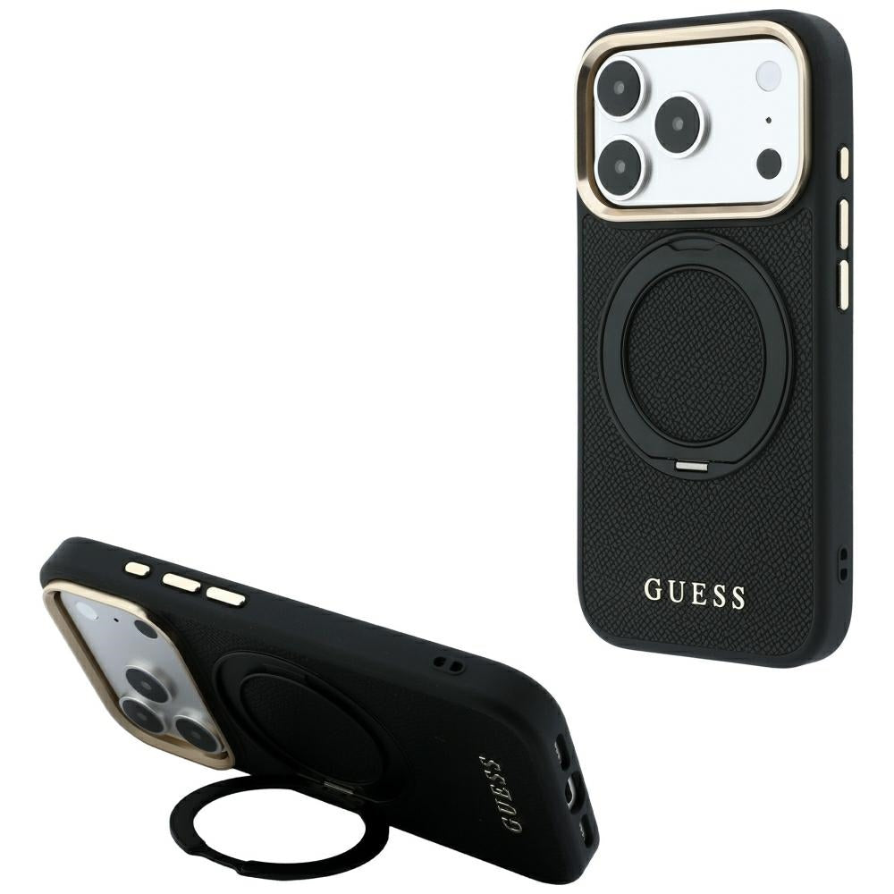 MagSafe-hoesje voor Apple iPhone 18 Pro Max / 17 Pro Max, Guess, Grained Ring Stand 360 Classic, zwart
