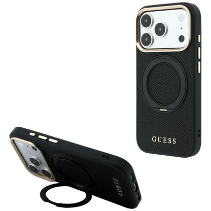 MagSafe-hoesje voor Apple iPhone 18 Pro Max / 17 Pro Max, Guess, Grained Ring Stand 360 Classic, zwart