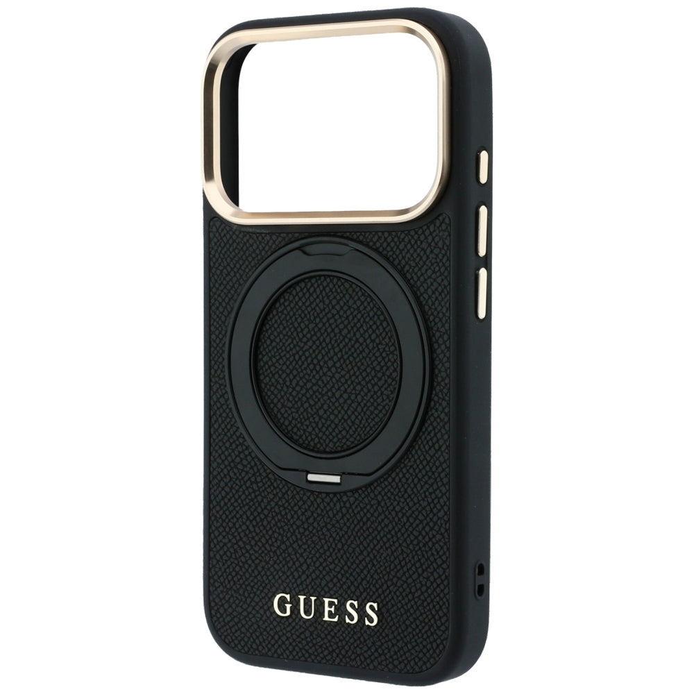 MagSafe-hoesje voor Apple iPhone 18 Pro Max / 17 Pro Max, Guess, Grained Ring Stand 360 Classic, zwart
