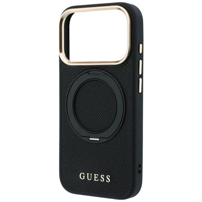 MagSafe-hoesje voor Apple iPhone 18 Pro Max / 17 Pro Max, Guess, Grained Ring Stand 360 Classic, zwart