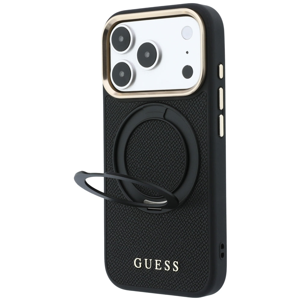 MagSafe-hoesje voor Apple iPhone 18 Pro Max / 17 Pro Max, Guess, Grained Ring Stand 360 Classic, zwart