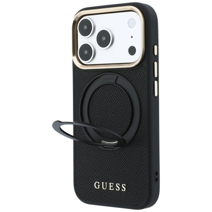 MagSafe-hoesje voor Apple iPhone 18 Pro Max / 17 Pro Max, Guess, Grained Ring Stand 360 Classic, zwart