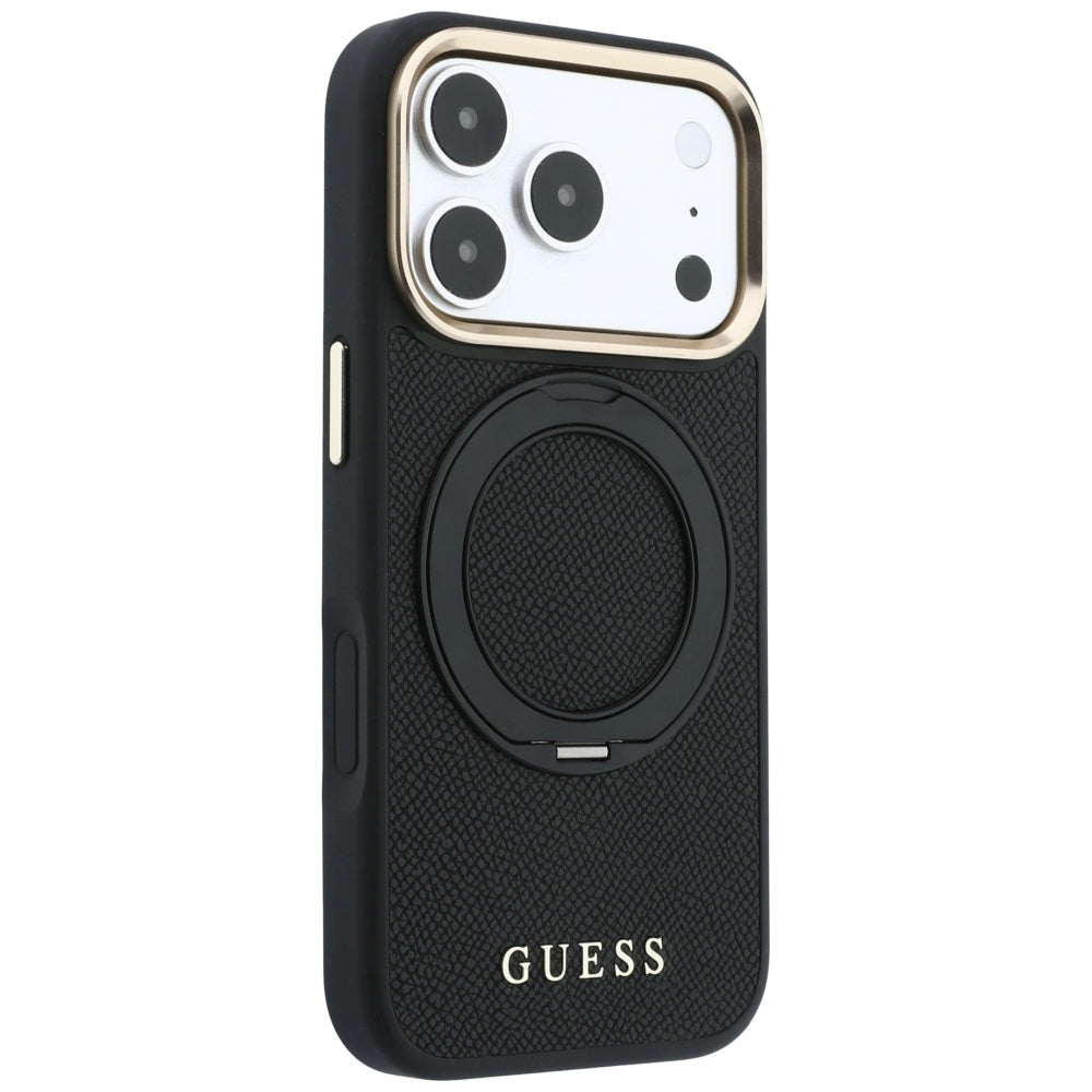 MagSafe-hoesje voor Apple iPhone 18 Pro Max / 17 Pro Max, Guess, Grained Ring Stand 360 Classic, zwart