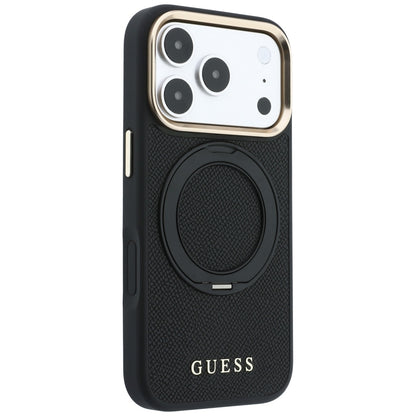 MagSafe-hoesje voor Apple iPhone 18 Pro Max / 17 Pro Max, Guess, Grained Ring Stand 360 Classic, zwart
