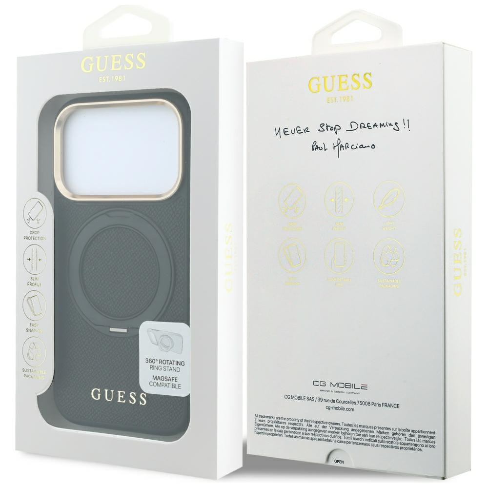 MagSafe-hoesje voor Apple iPhone 18 Pro Max / 17 Pro Max, Guess, Grained Ring Stand 360 Classic, zwart