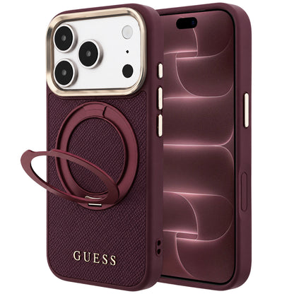 MagSafe Case for Apple iPhone 18 Pro Max / 17 Pro Max, Guess, Grained Ring Stand 360 Classic, Burgundy