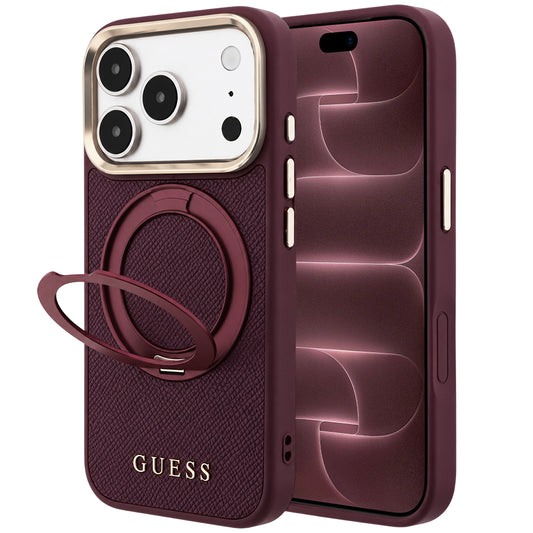 MagSafe-hoes voor Apple iPhone 18 Pro Max / 17 Pro Max, Guess, Grained Ring Stand 360 Classic, Wijnrood