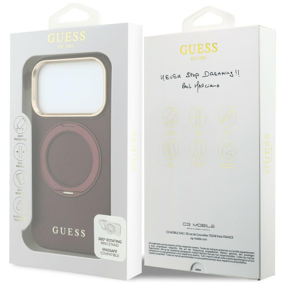 MagSafe Case for Apple iPhone 18 Pro Max / 17 Pro Max, Guess, Grained Ring Stand 360 Classic, Burgundy