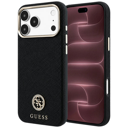 MagSafe-hoesje voor Apple iPhone 18 Pro Max / 17 Pro Max, Guess, Korrelige Ronde Strass Logo, Zwart