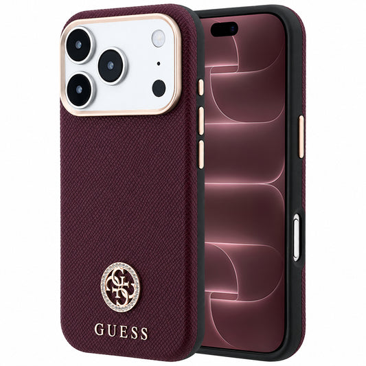 MagSafe-hoesje voor Apple iPhone 18 Pro Max / 17 Pro Max, Guess, Korrelige Ronde Strass Logo, Wijnrood