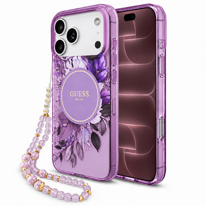 MagSafe-hoesje voor Apple iPhone 18 Pro Max / 17 Pro Max, Guess, IML Flowers with Pearl Strap, paars
