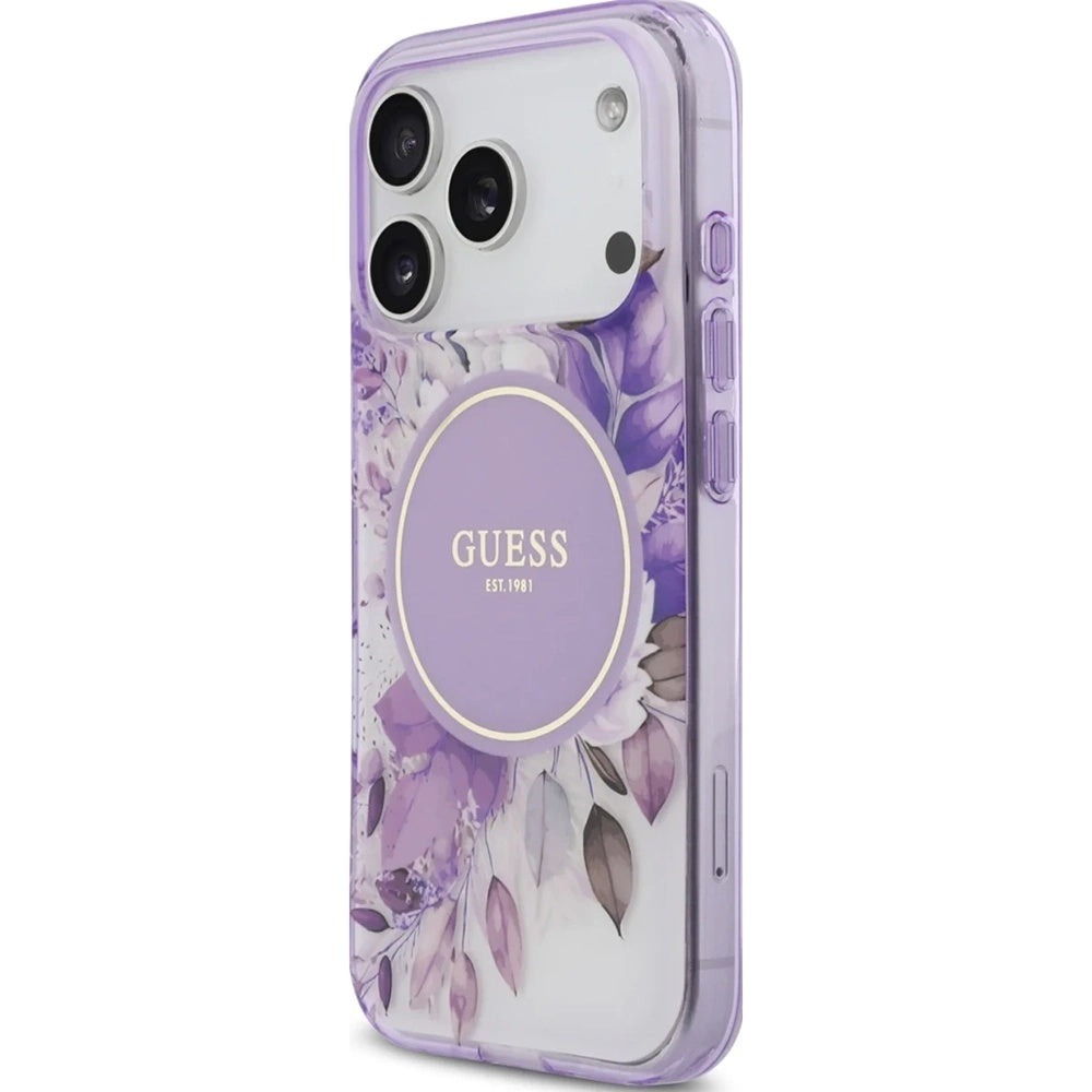 MagSafe-hoesje voor Apple iPhone 18 Pro Max / 17 Pro Max, Guess, IML Flowers with Pearl Strap, paars