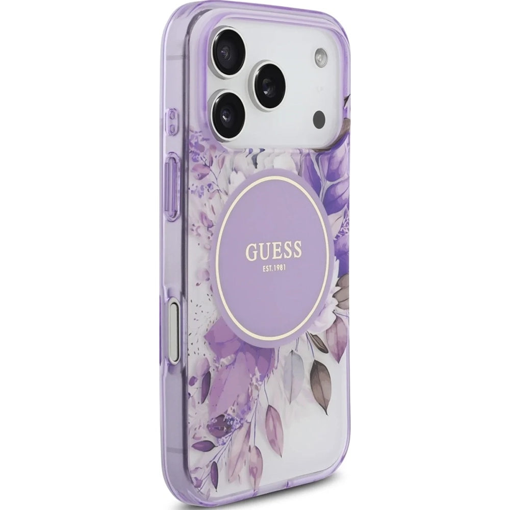 MagSafe-hoesje voor Apple iPhone 18 Pro Max / 17 Pro Max, Guess, IML Flowers with Pearl Strap, paars