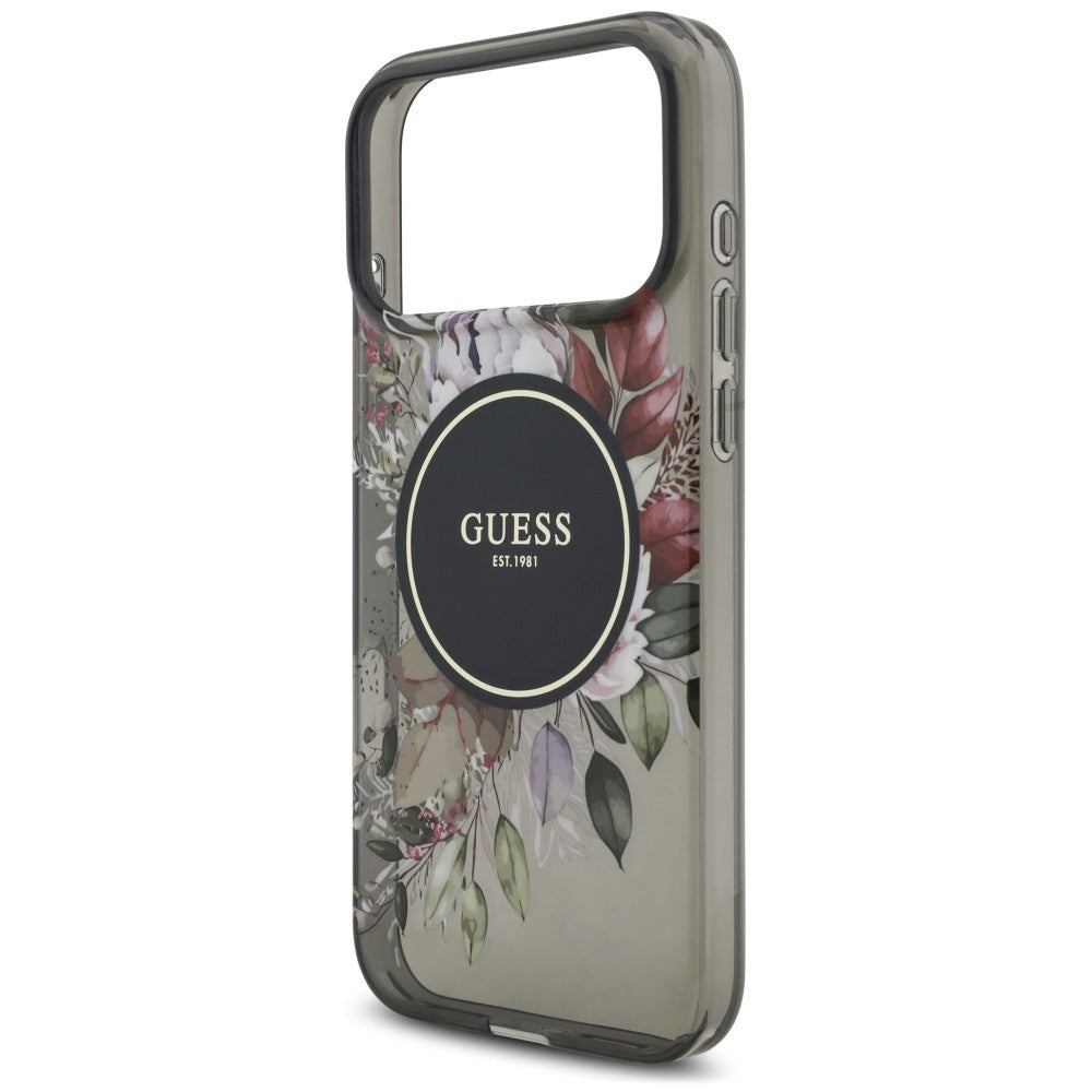 MagSafe Case for Apple iPhone 18 Pro Max / 17 Pro Max, Guess, IML Flowers with Pearl Strap, Black