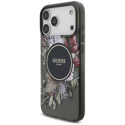 MagSafe Case for Apple iPhone 18 Pro Max / 17 Pro Max, Guess, IML Flowers with Pearl Strap, Black