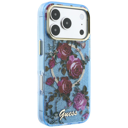 MagSafe-hoes voor Apple iPhone 18 Pro Max / 17 Pro Max, Guess, IML Glitter Blossom Roses, Blauw