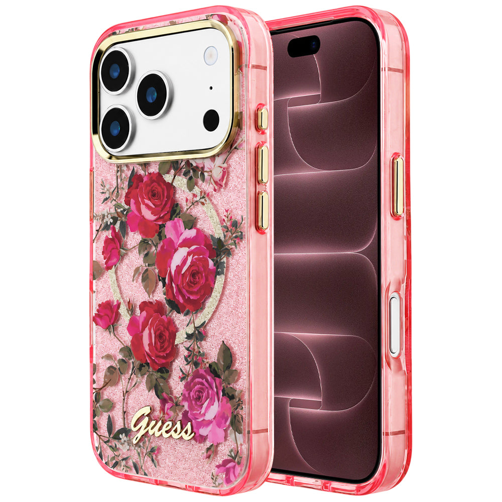 MagSafe-hoesje voor Apple iPhone 18 Pro Max / 17 Pro Max, Guess, IML Glitter Blossom Roses, roze