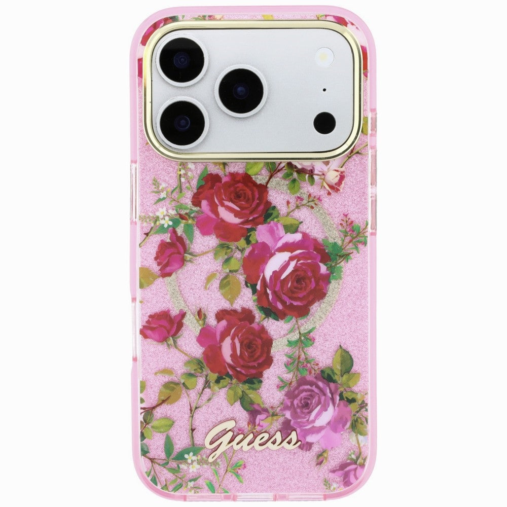 MagSafe-hoesje voor Apple iPhone 18 Pro Max / 17 Pro Max, Guess, IML Glitter Blossom Roses, roze