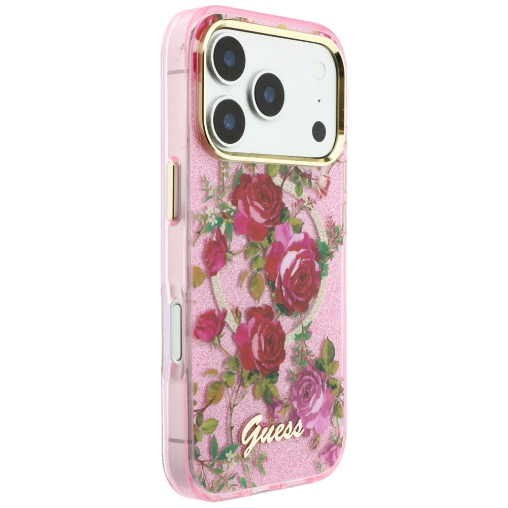 MagSafe-hoesje voor Apple iPhone 18 Pro Max / 17 Pro Max, Guess, IML Glitter Blossom Roses, roze