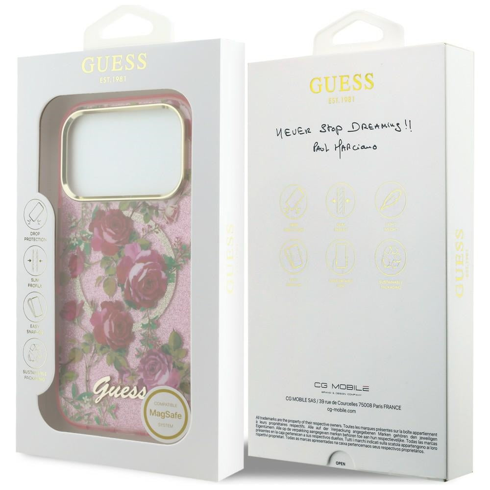 MagSafe-hoesje voor Apple iPhone 18 Pro Max / 17 Pro Max, Guess, IML Glitter Blossom Roses, roze