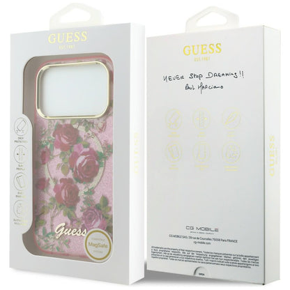 MagSafe-hoesje voor Apple iPhone 18 Pro Max / 17 Pro Max, Guess, IML Glitter Blossom Roses, roze