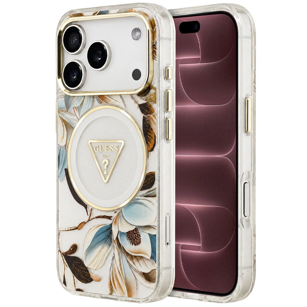 MagSafe-hoesje voor Apple iPhone 18 Pro Max / 17 Pro Max, Guess, IML Metal Glitter Flowers Triangle, wit