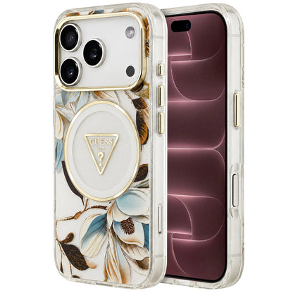 MagSafe-hoesje voor Apple iPhone 18 Pro Max / 17 Pro Max, Guess, IML Metal Glitter Flowers Triangle, wit