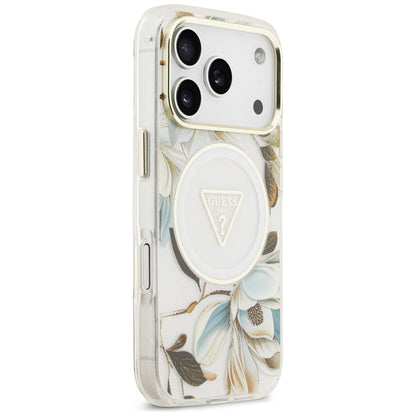 MagSafe-hoesje voor Apple iPhone 18 Pro Max / 17 Pro Max, Guess, IML Metal Glitter Flowers Triangle, wit