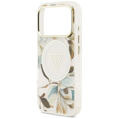 MagSafe-hoesje voor Apple iPhone 18 Pro Max / 17 Pro Max, Guess, IML Metal Glitter Flowers Triangle, wit