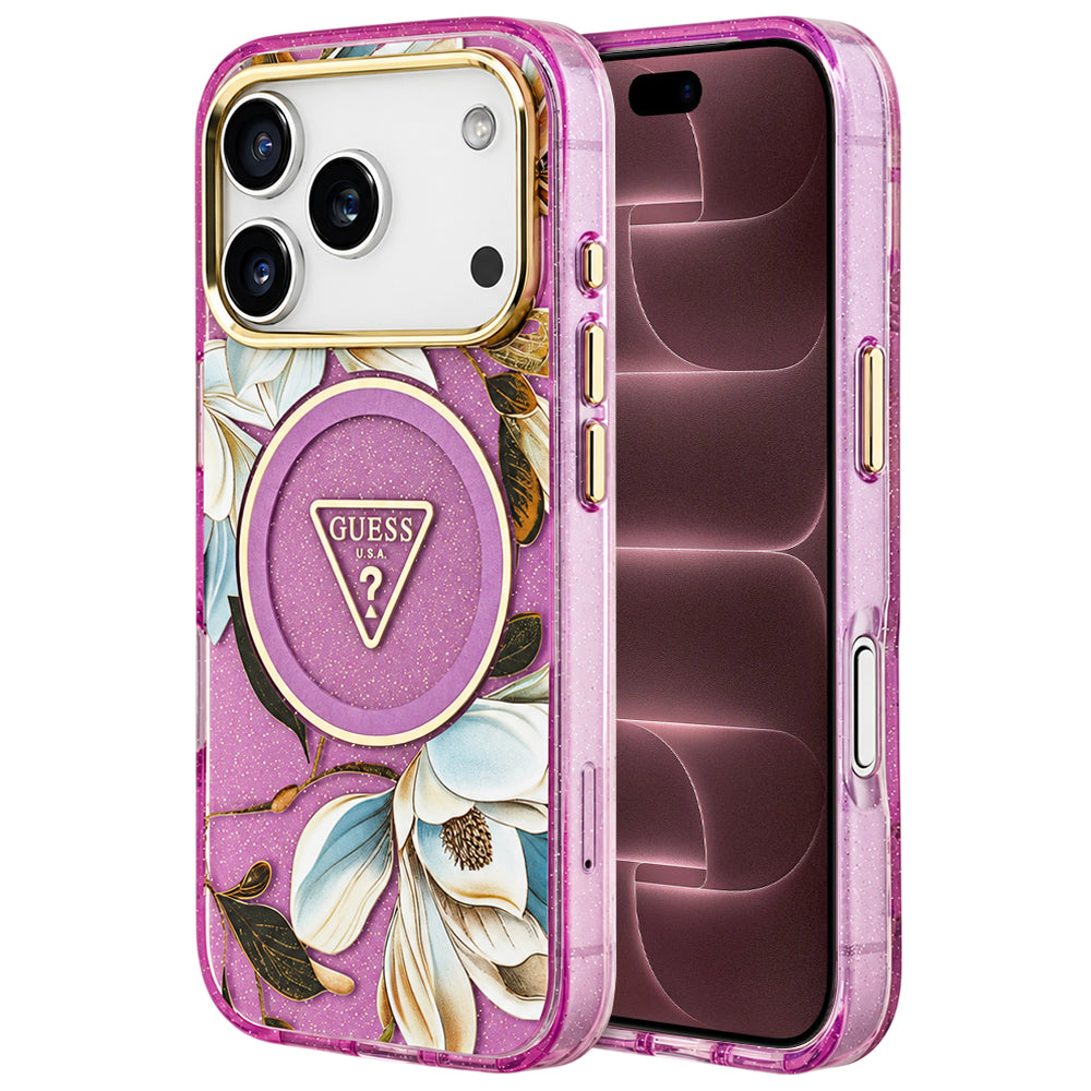 MagSafe-hoesje voor Apple iPhone 18 Pro Max / 17 Pro Max, Guess, IML Metal Glitter Flowers Triangle, paars