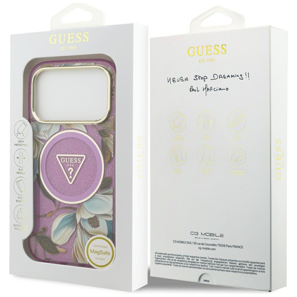 MagSafe-hoesje voor Apple iPhone 18 Pro Max / 17 Pro Max, Guess, IML Metal Glitter Flowers Triangle, paars