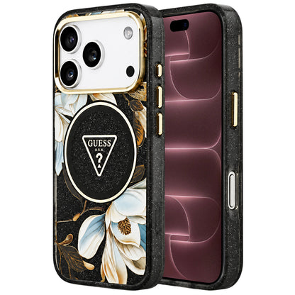 MagSafe-hoesje voor Apple iPhone 18 Pro Max / 17 Pro Max, Guess, IML Metal Glitter Flowers Triangle, zwart