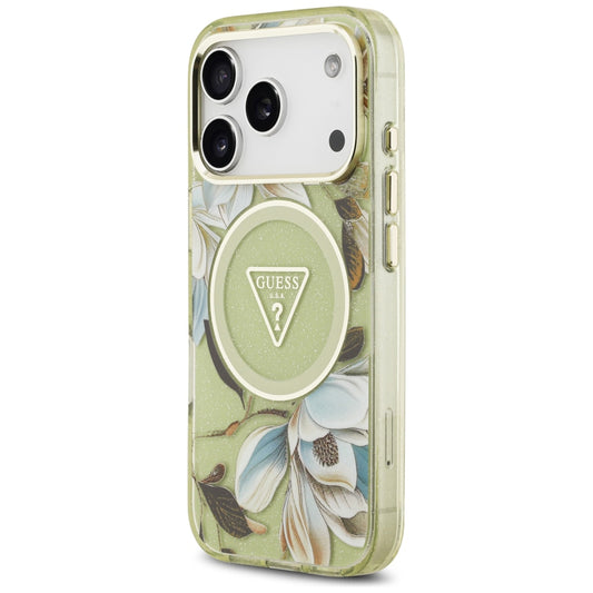 MagSafe-hoesje voor Apple iPhone 18 Pro Max / 17 Pro Max, Guess, IML Metal Glitter Flowers Triangle, groen