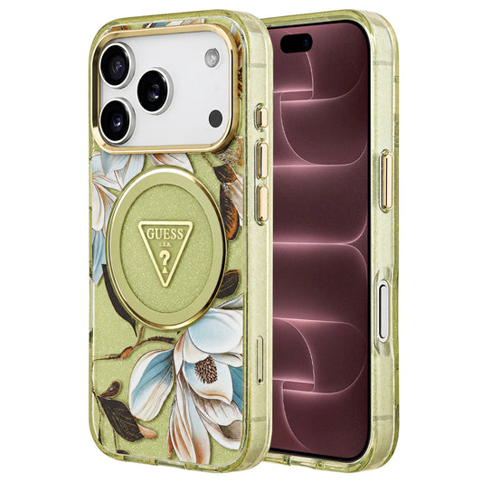 MagSafe-hoesje voor Apple iPhone 18 Pro Max / 17 Pro Max, Guess, IML Metal Glitter Flowers Triangle, groen