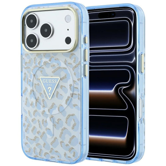 MagSafe-hoesje voor Apple iPhone 18 Pro Max / 17 Pro Max, Guess, Leopard Glitter Driehoek Logo, Blauw