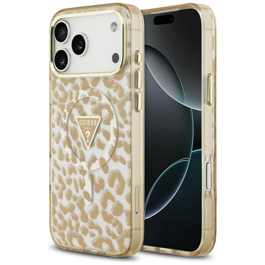 MagSafe-hoesje voor Apple iPhone 18 Pro Max / 17 Pro Max, Guess, Leopard Glitter Driehoek Logo, Bruin