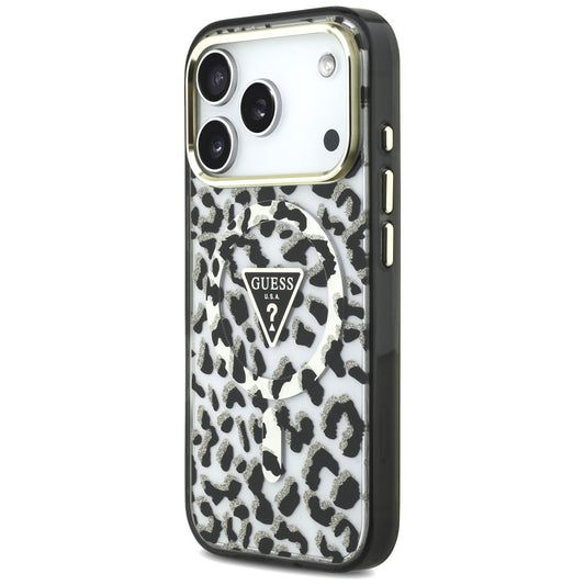 MagSafe-hoesje voor Apple iPhone 18 Pro Max / 17 Pro Max, Guess, Leopard Glitter Driehoek Logo, Zwart