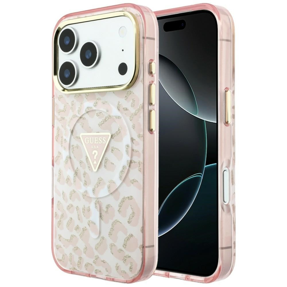 MagSafe-hoesje voor Apple iPhone 18 Pro Max / 17 Pro Max, Guess, Leopard Glitter Driehoek Logo, Roze