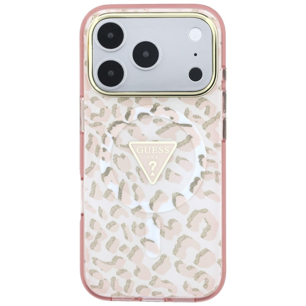 MagSafe-hoesje voor Apple iPhone 18 Pro Max / 17 Pro Max, Guess, Leopard Glitter Driehoek Logo, Roze