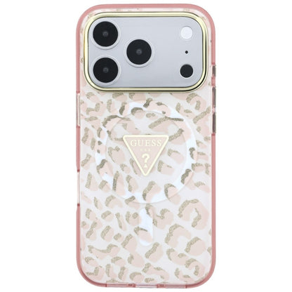 MagSafe-hoesje voor Apple iPhone 18 Pro Max / 17 Pro Max, Guess, Leopard Glitter Driehoek Logo, Roze