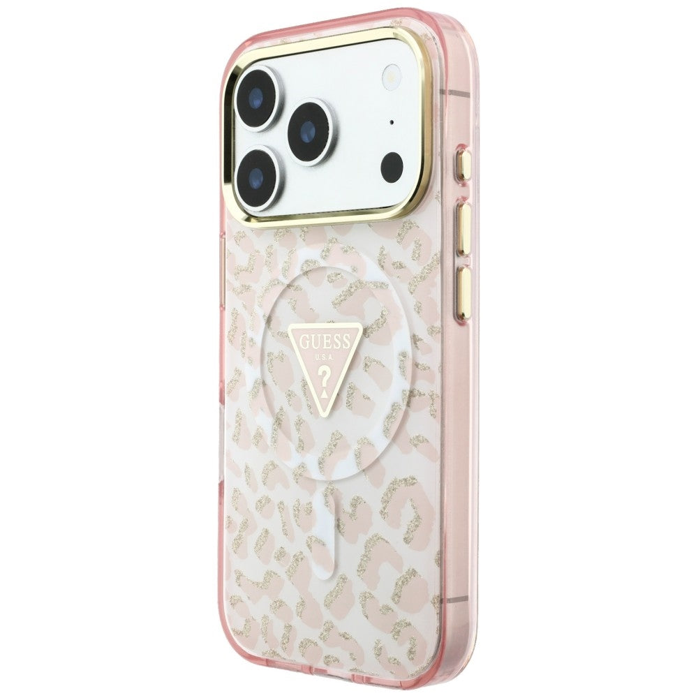 MagSafe-hoesje voor Apple iPhone 18 Pro Max / 17 Pro Max, Guess, Leopard Glitter Driehoek Logo, Roze